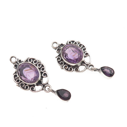 925 Sterling Silver Vintage Real Amethyst Swirl Oxidized Jacket Earrings
