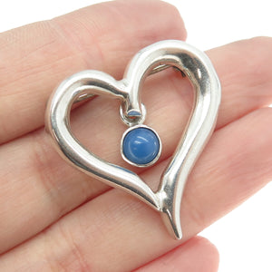 925 Sterling Silver Vintage Mexico Real Chalcedony Modernist Heart Pin Brooch