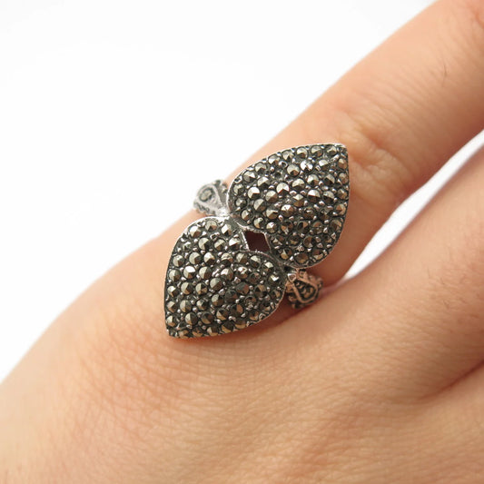 925 Sterling Silver Vintage Real Marcasite Gemstone Heart Ring Size 5