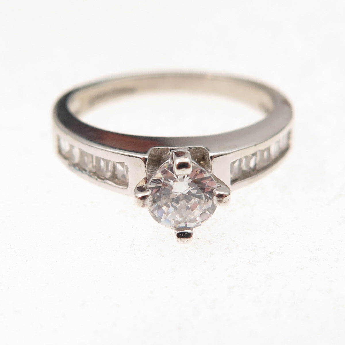 Ken Crafts 925 Sterling Silver Round & Emerald-Cut C Z Engagement Ring Size 7