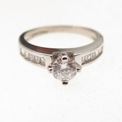 Ken Crafts 925 Sterling Silver Round & Emerald-Cut C Z Engagement Ring Size 7