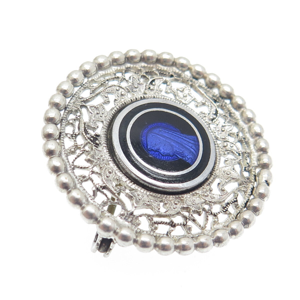 925 Sterling Silver Antique Art Deco Enamel St. Mary Religious Beaded Pin Brooch