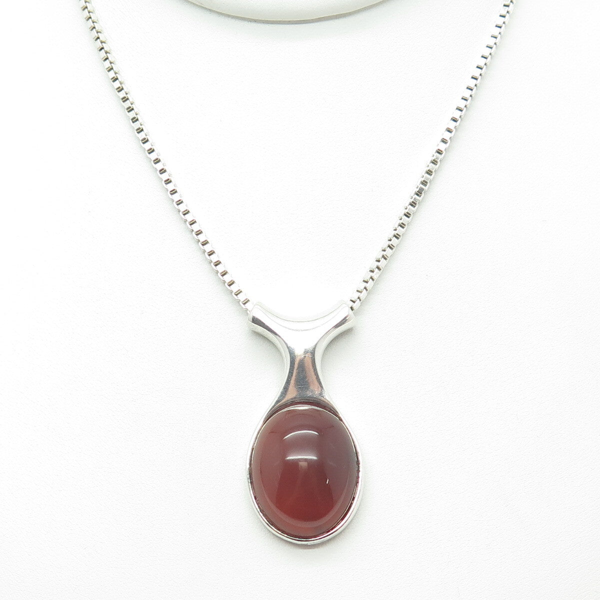 925 Sterling Silver Vintage Real Carnelian Modernist Box Chain Necklace 14-16"
