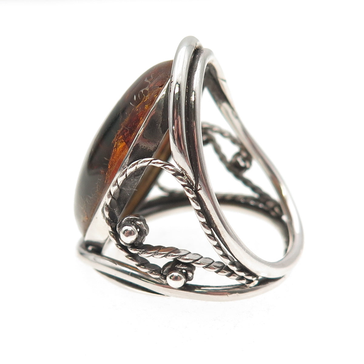 925 Sterling Silver Vintage Real Amber Modernist Oxidized Ring Size 9