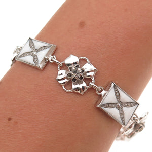 Amco Sterling Silver Antique Art Deco Enamel Marcasite & Rhinestone Bracelet 7"