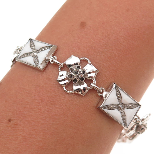Amco Sterling Silver Antique Art Deco Enamel Marcasite & Rhinestone Bracelet 7"