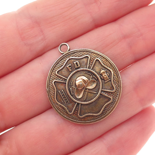 925 Sterling Silver Gold Plated Vintage Fire Department Cross Medal Pendant