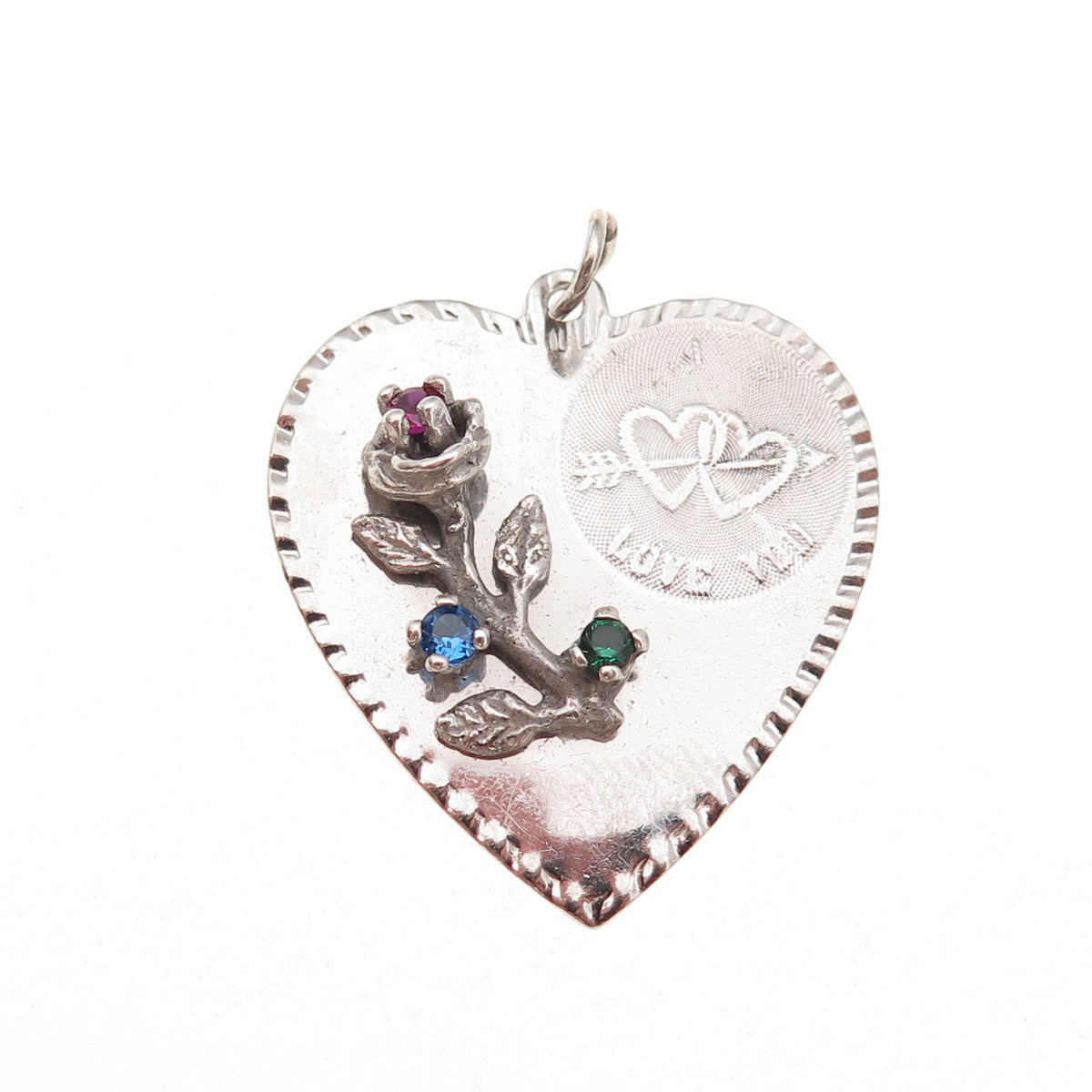 Crown 925 Sterling Silver Vintage Rhinestone I Love You Rose Heart Charm Pendant