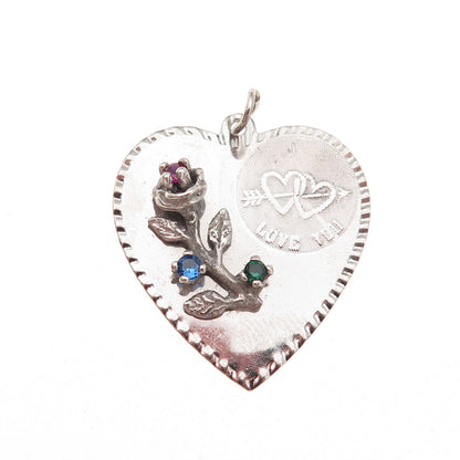 Crown 925 Sterling Silver Vintage Rhinestone I Love You Rose Heart Charm Pendant
