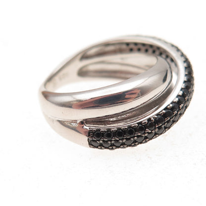 925 Sterling Silver Real Round-Cut Black Spinel Crisscross Ring Size 6.25
