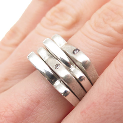 925 Sterling Silver Vintage Round-Cut C Z Modernist 4-Row Folding Ring Size 8.25