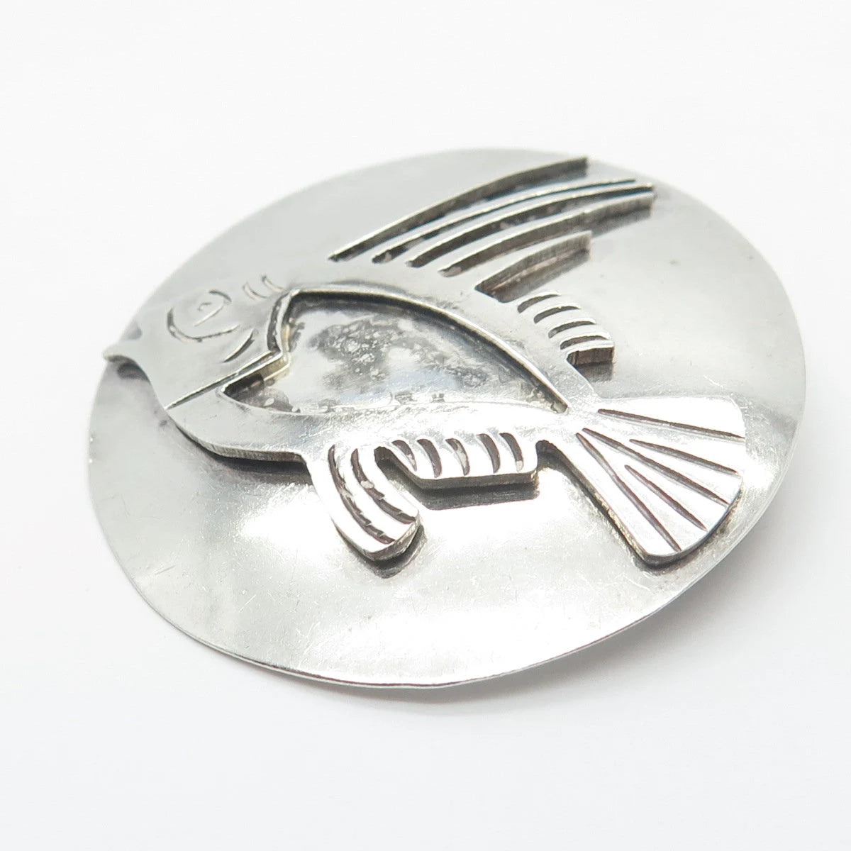 925 Sterling Silver Vintage Mexico A. Garcia Fish Round Pin Brooch