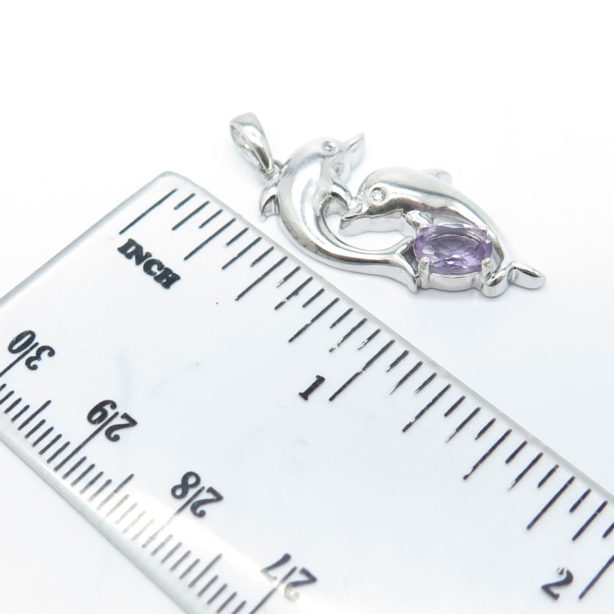 925 Sterling Silver Real Round-Cut Diamond & Amethyst Friendly Dolphin Pendant