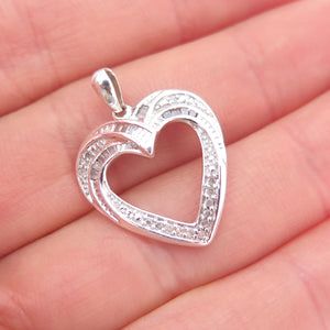 HAN Sterling Silver Real Round & Tapered Baguette-Cut Diamond Heart Mini Pendant