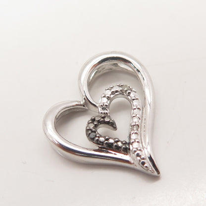 925 Sterling Silver SUN Black & White Diamond Accent Double Heart Slide Pendant
