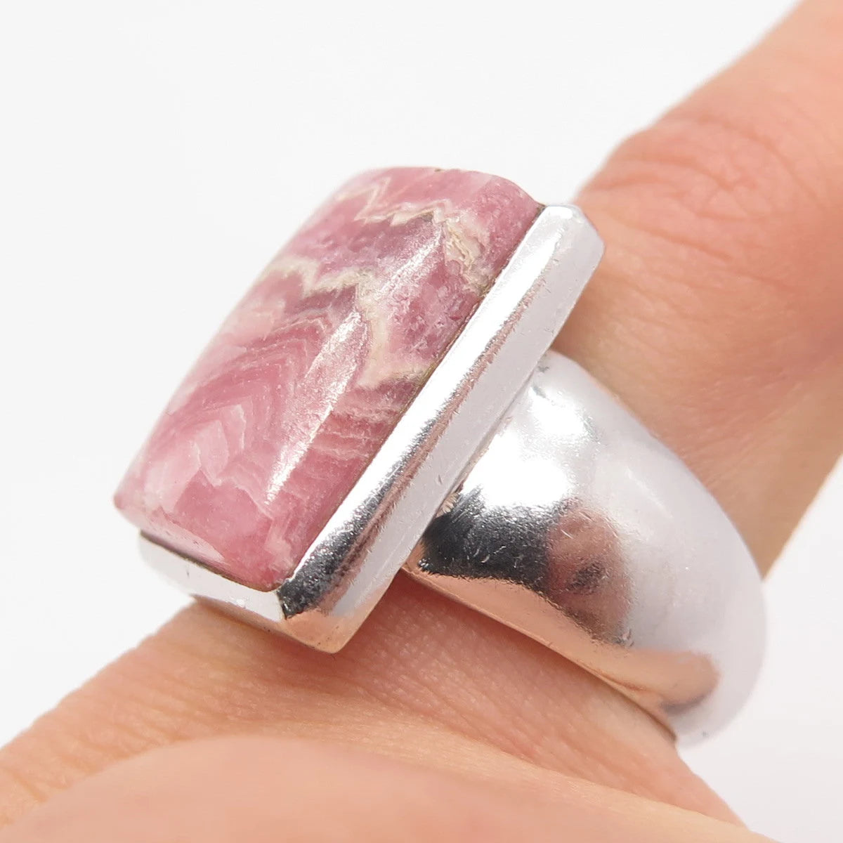 925 Sterling Silver Vintage Real Rhodochrosite Gem Statement Ring Size 5.25