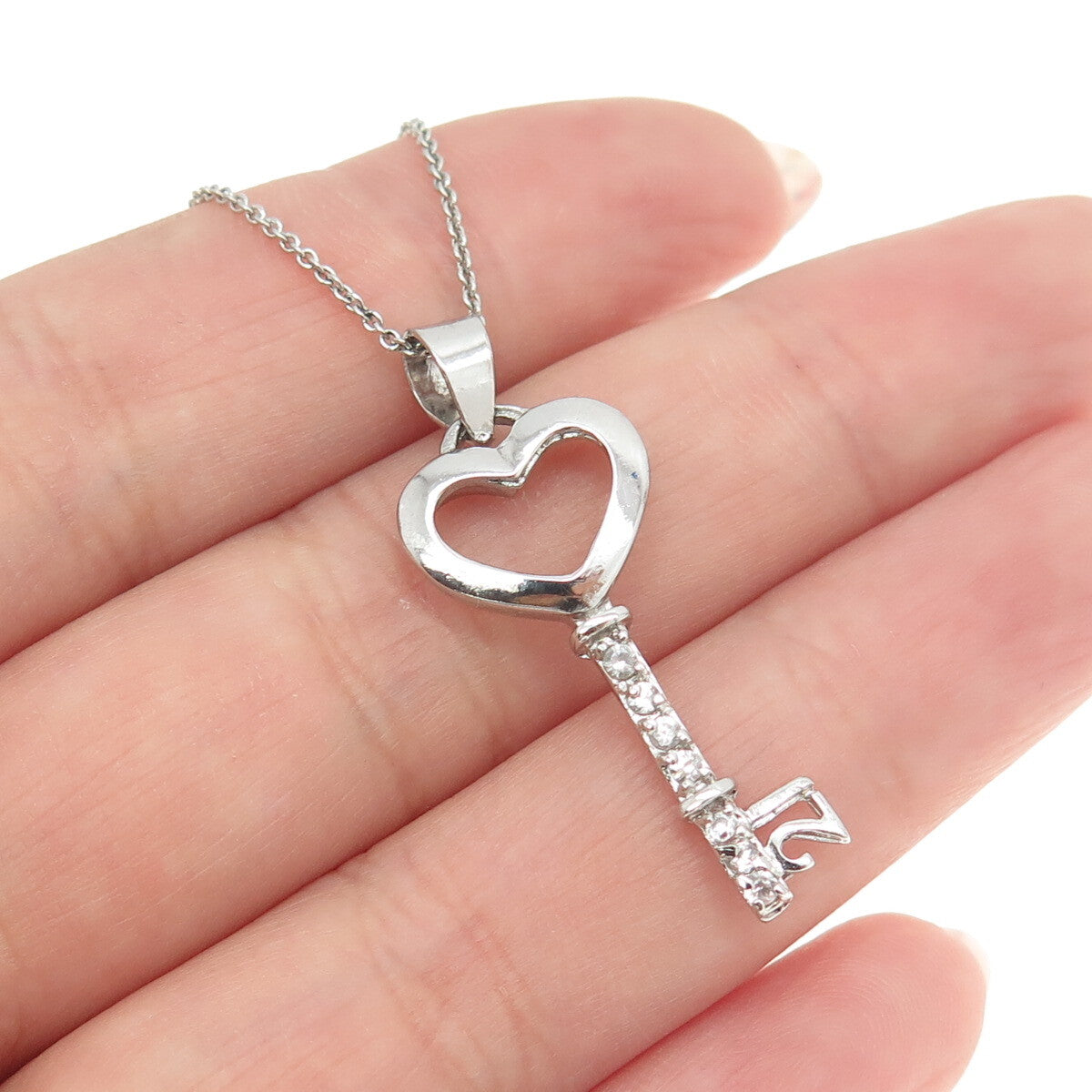 925 Sterling Silver Round-Cut C Z Heart Key Cable Chain Necklace 16"