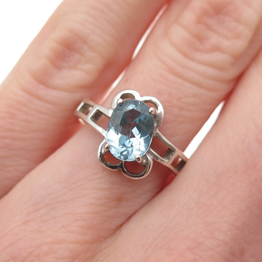 925 Sterling Silver Vintage Real Oval-Cut Blue Topaz Modernist Ring Size 6