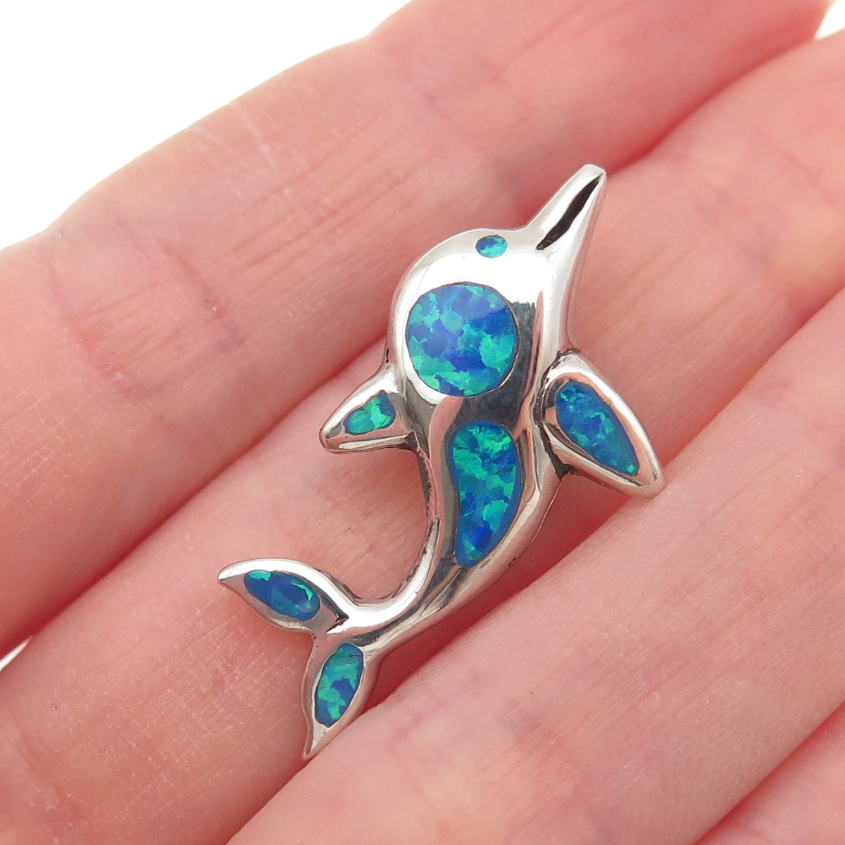 925 Sterling Silver Real Opal Friendly Dolphin Slide Charm Pendant