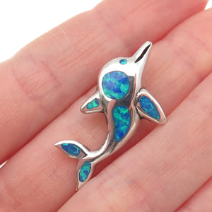 925 Sterling Silver Real Opal Friendly Dolphin Slide Charm Pendant