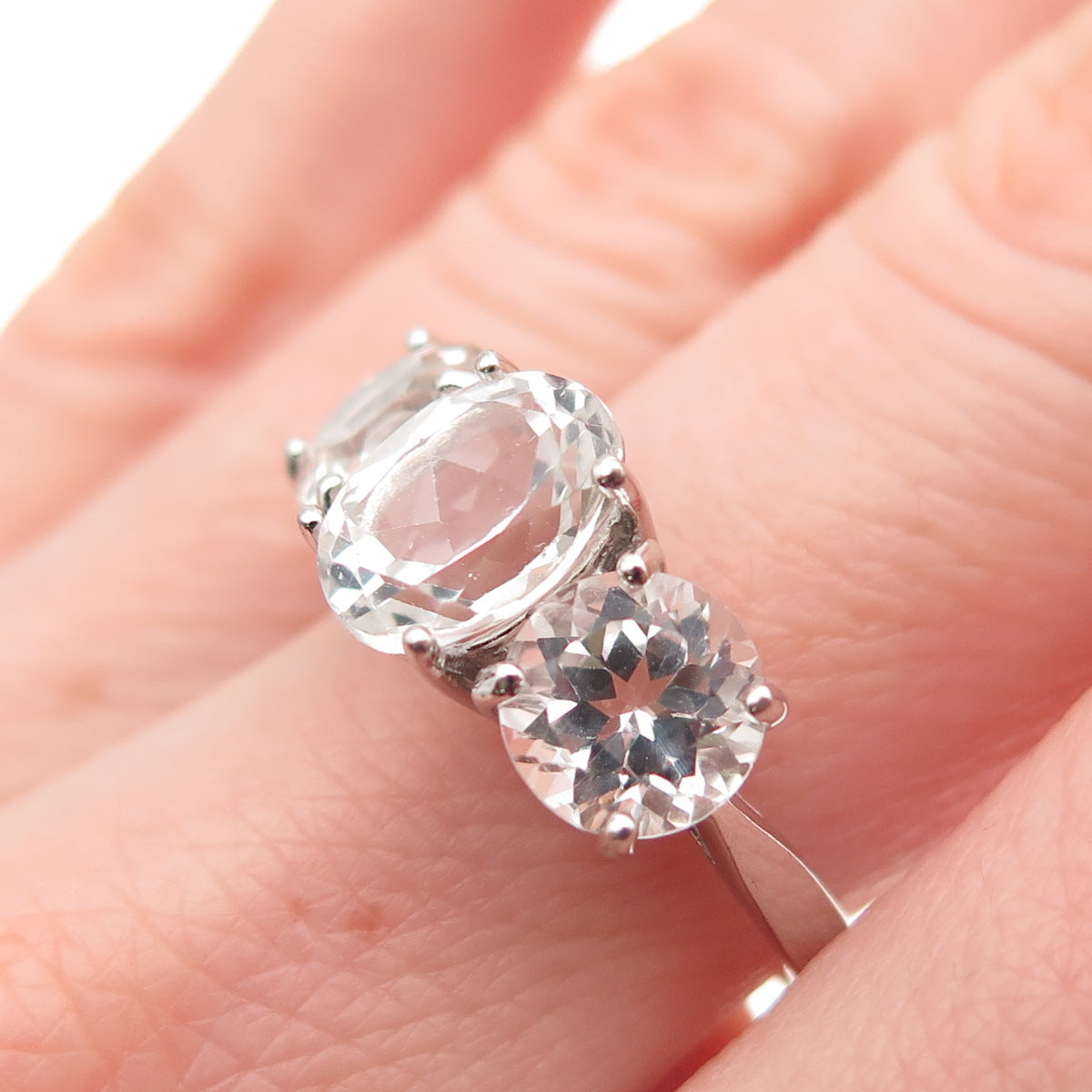 925 Sterling Silver Real Oval & Round-Cut White Topaz Engagement Ring Size 7