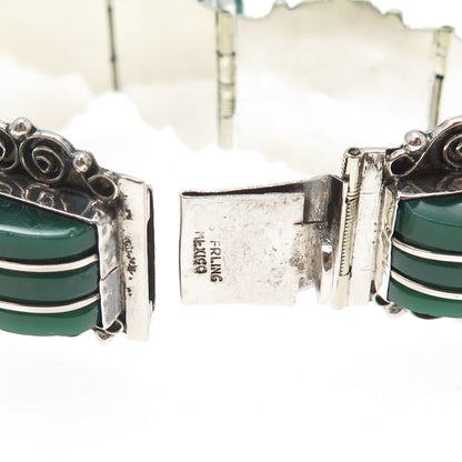 925 Sterling Silver Vintage Mexico Real Green Onyx Panel Link Bracelet 6.75"