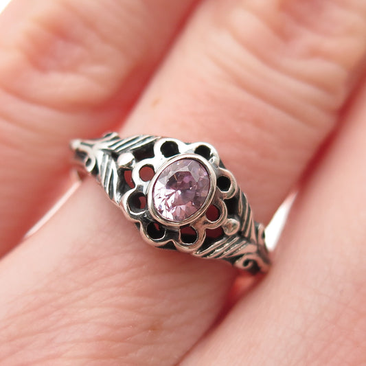 925 Sterling Silver Vintage Oval-Cut Lavender C Z Floral Oxidized Ring Size 5.25