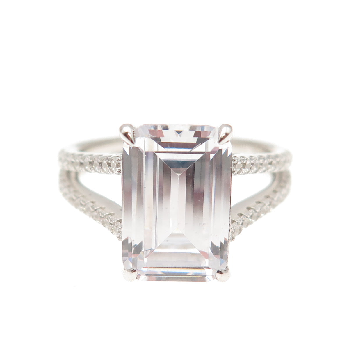 DSMK 925 Sterling Silver Emerald & Round-Cut C Z Engagement Ring Size 7