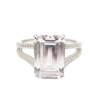 DSMK 925 Sterling Silver Emerald & Round-Cut C Z Engagement Ring Size 7