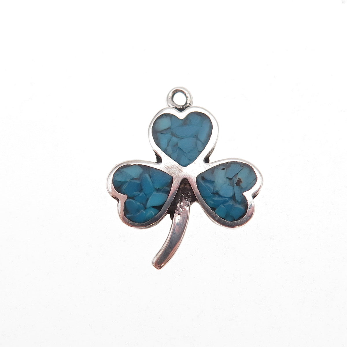 Tommy Long Navajo Old Pawn 925 Sterling Vintage Turquoise Inlay Clover Pendant