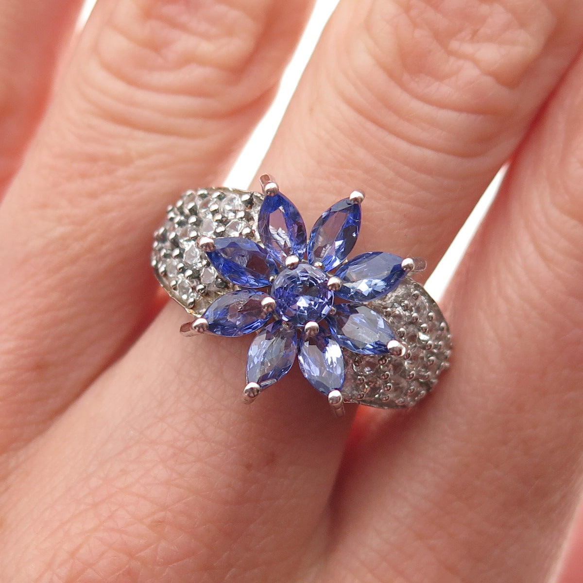 Chuck Clemency 925 Sterling Real Tanzanite & White Topaz Floral Ring Size 8.25