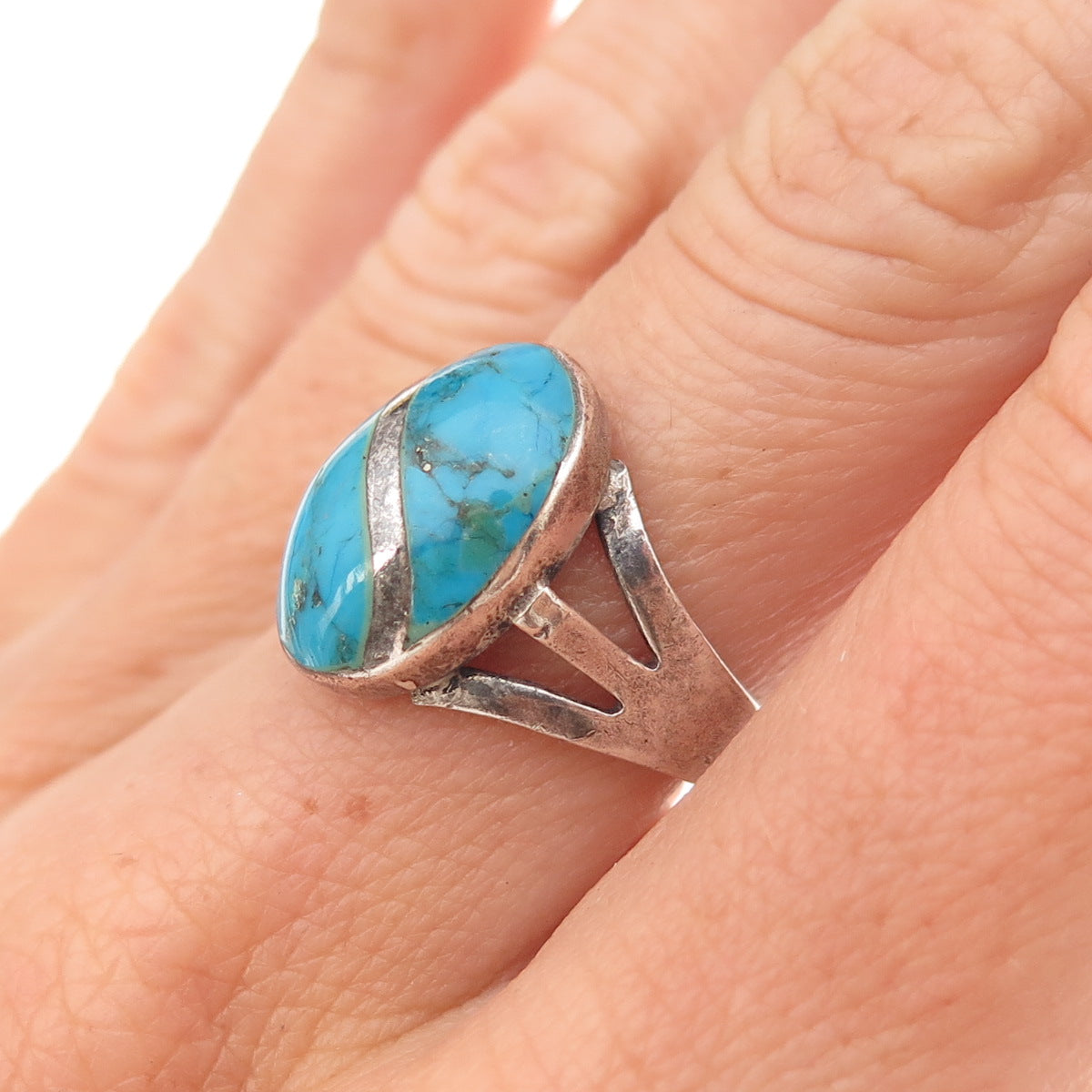925 Sterling Silver Vintage Real Turquoise Yin Yang Oxidized Ring Size 6.75