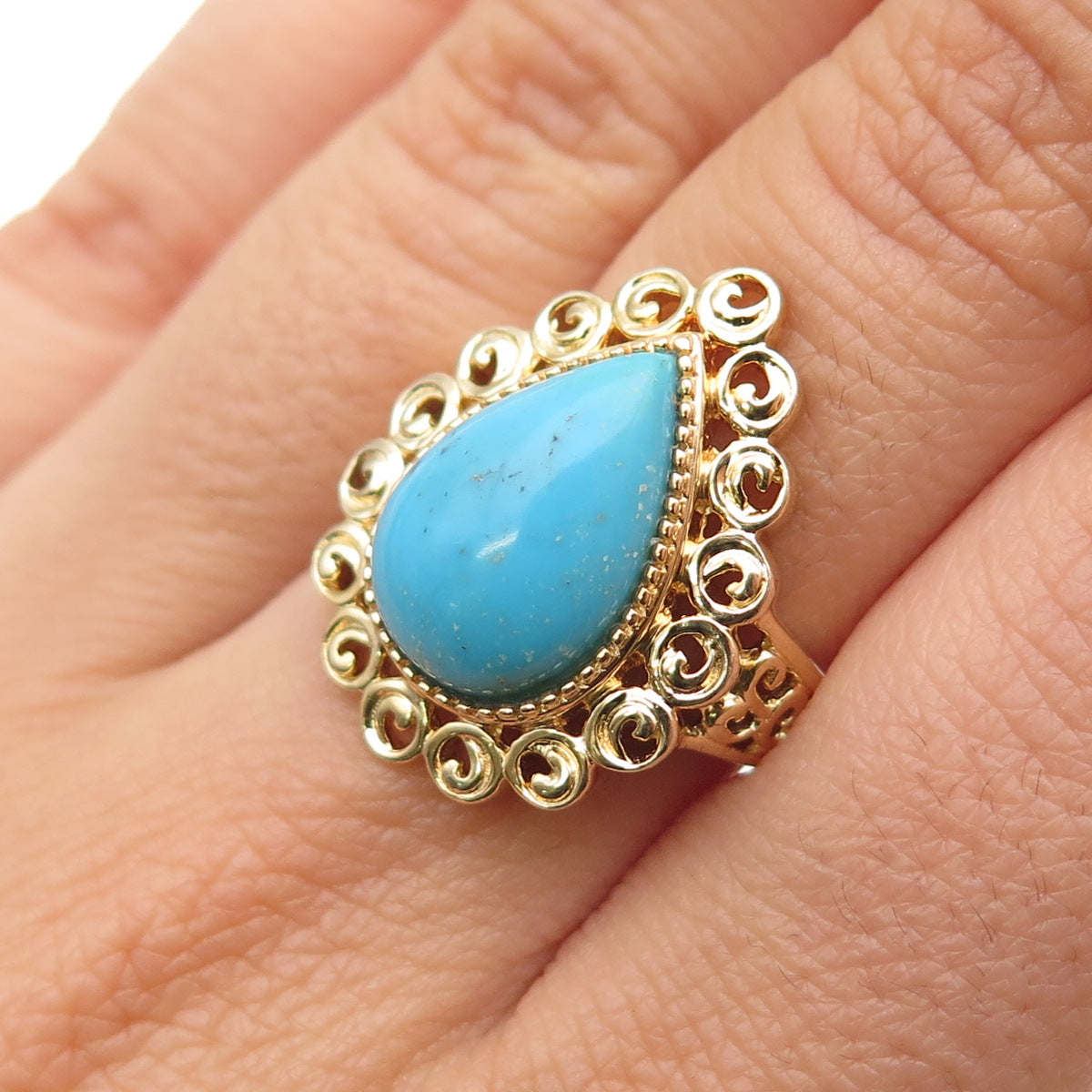 ROSS SIMONS 925 Sterling Silver Gold Plated Vintage Real Turquoise Ring Size 7