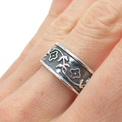 925 Sterling Silver Vintage Mexico Flower Oxidized Band Ring Size 11.25
