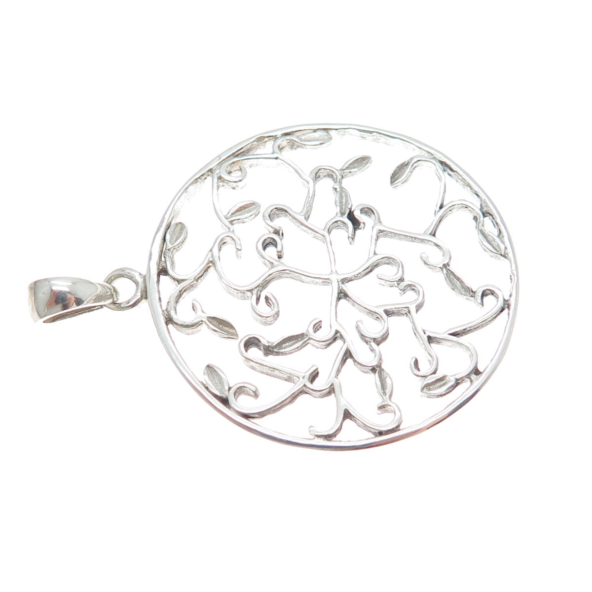 925 Sterling Silver Floral Leaf Scroll Round Charm Pendant