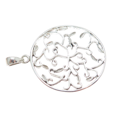 925 Sterling Silver Floral Leaf Scroll Round Charm Pendant