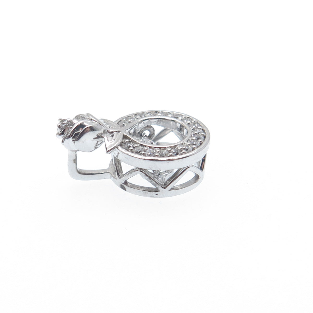 925 Sterling Silver Round-Cut C Z Rose Flower Minimalist Charm Slide Pendant
