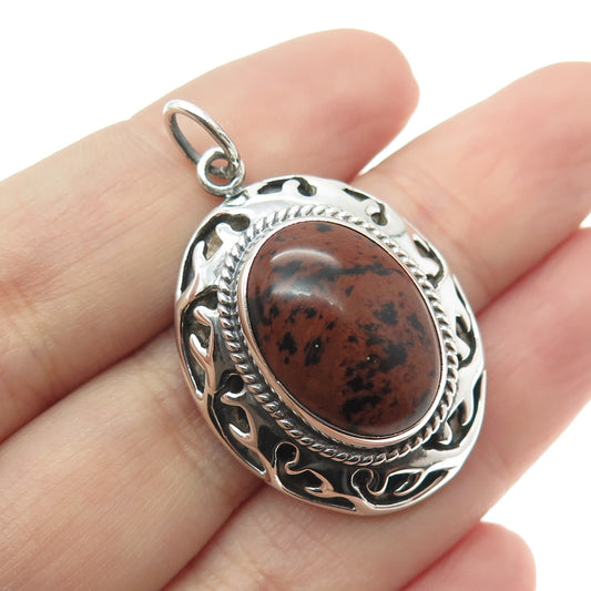 925 Sterling Silver Vintage CII Mexico Real Mahogany Obsidian Jasper Pendant