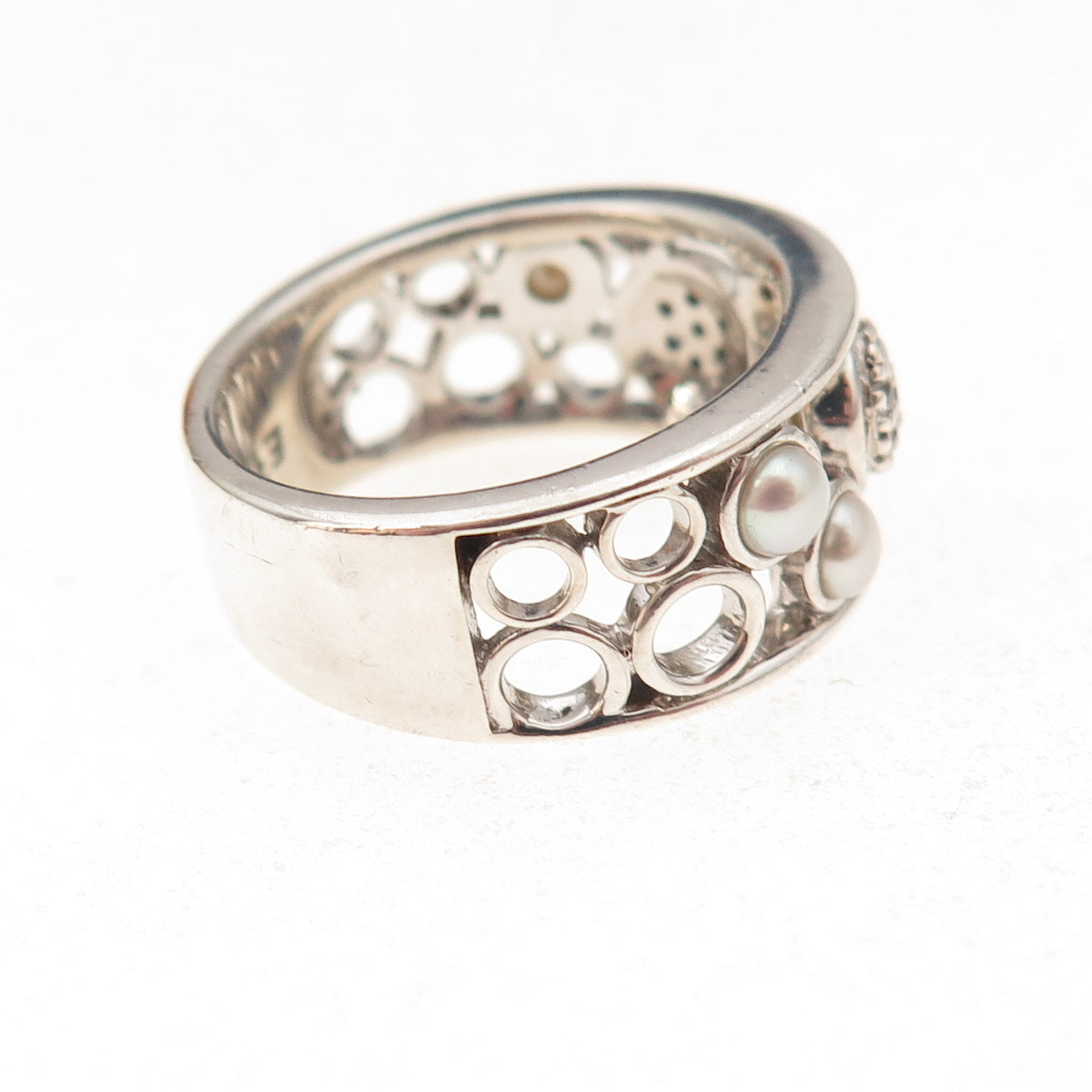 Effy 925 Sterling Silver Real Sapphire Blue & White Topaz Pearl Ring Size 7.5