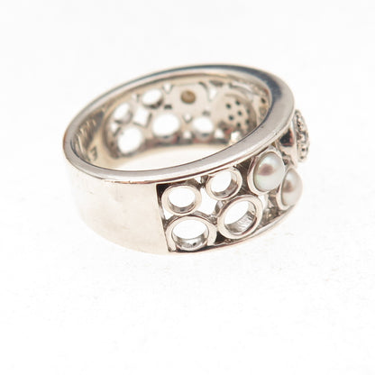Effy 925 Sterling Silver Real Sapphire Blue & White Topaz Pearl Ring Size 7.5