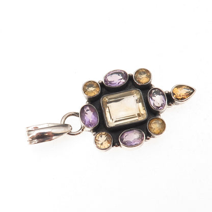 925 Sterling Silver Vintage Real Amethyst & Citrine Oxidized Pendant