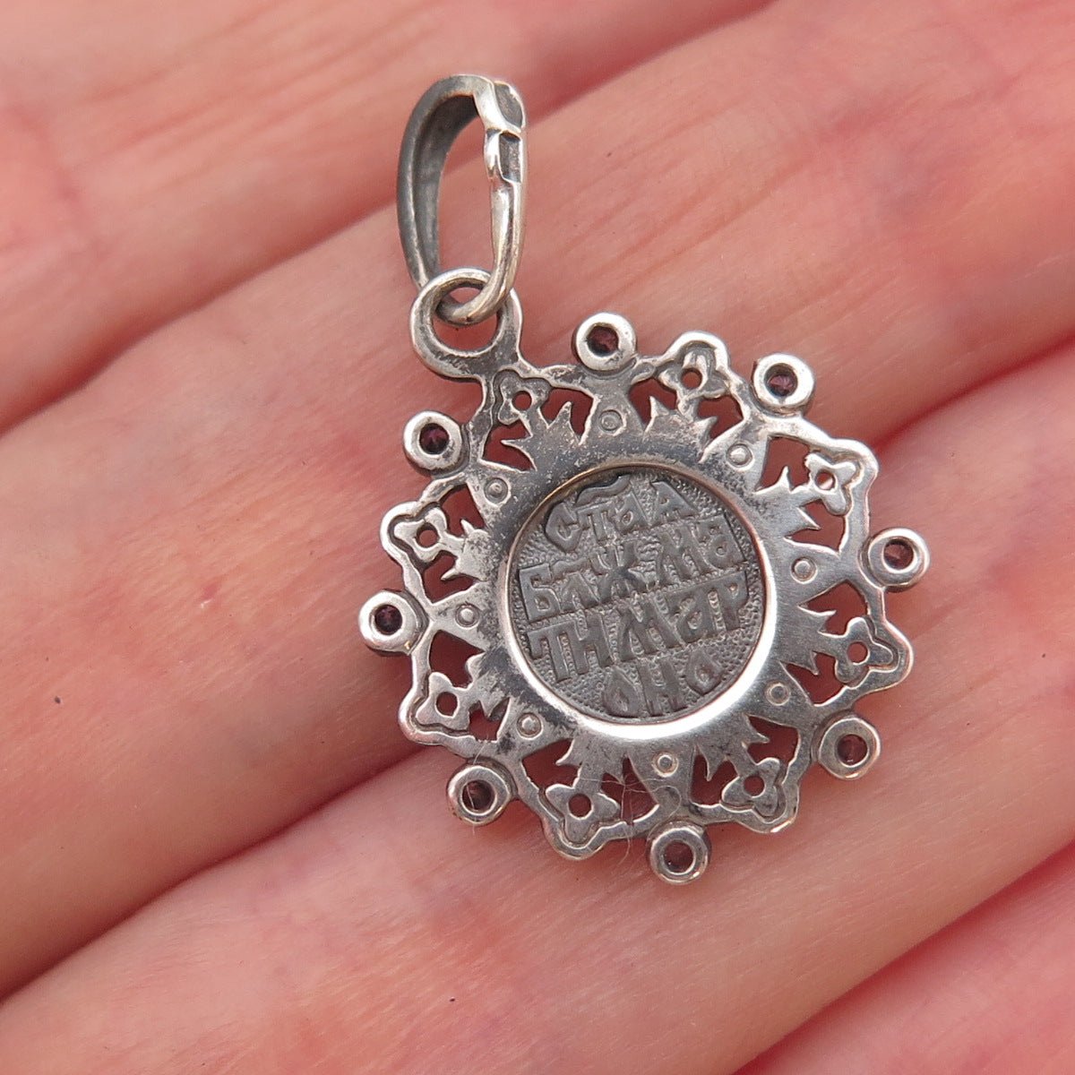 925 Sterling Silver Vintage Purple C Z St. Mary Orthodox Charm Pendant
