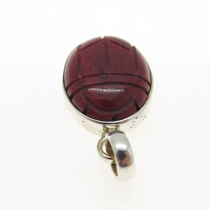 925 Sterling Silver Vintage Real Red Jasper Gemstone Scarab Pendant