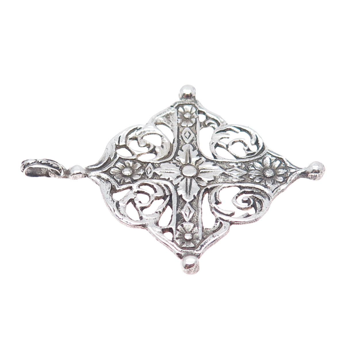 800 Silver Antique Art Deco Italy Flower Cross Religious Oxidized Pendant