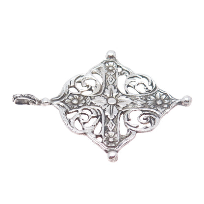 800 Silver Antique Art Deco Italy Flower Cross Religious Oxidized Pendant