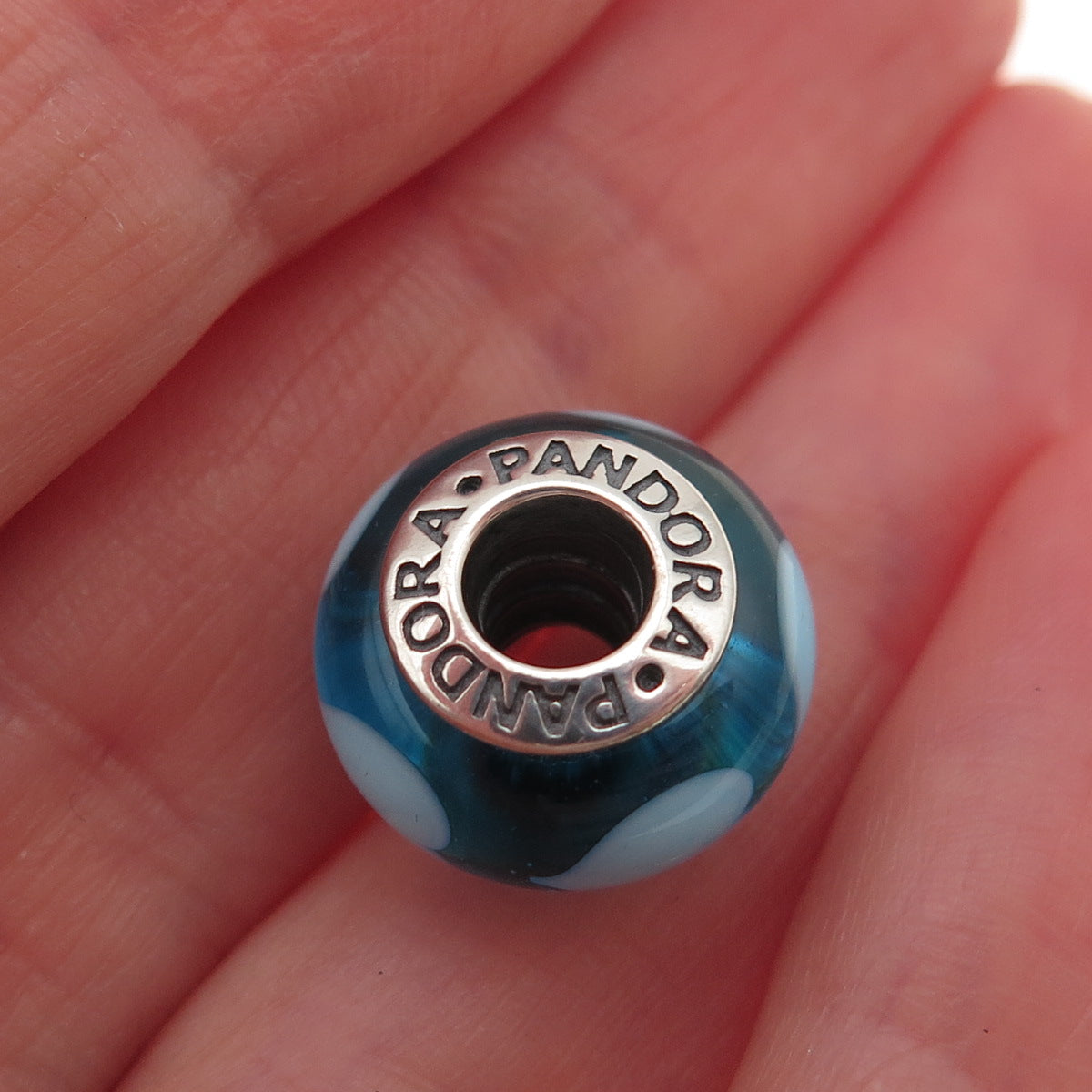 Pandora 925 Sterling Silver Blue Murano Glass Heart Slide Bead Charm