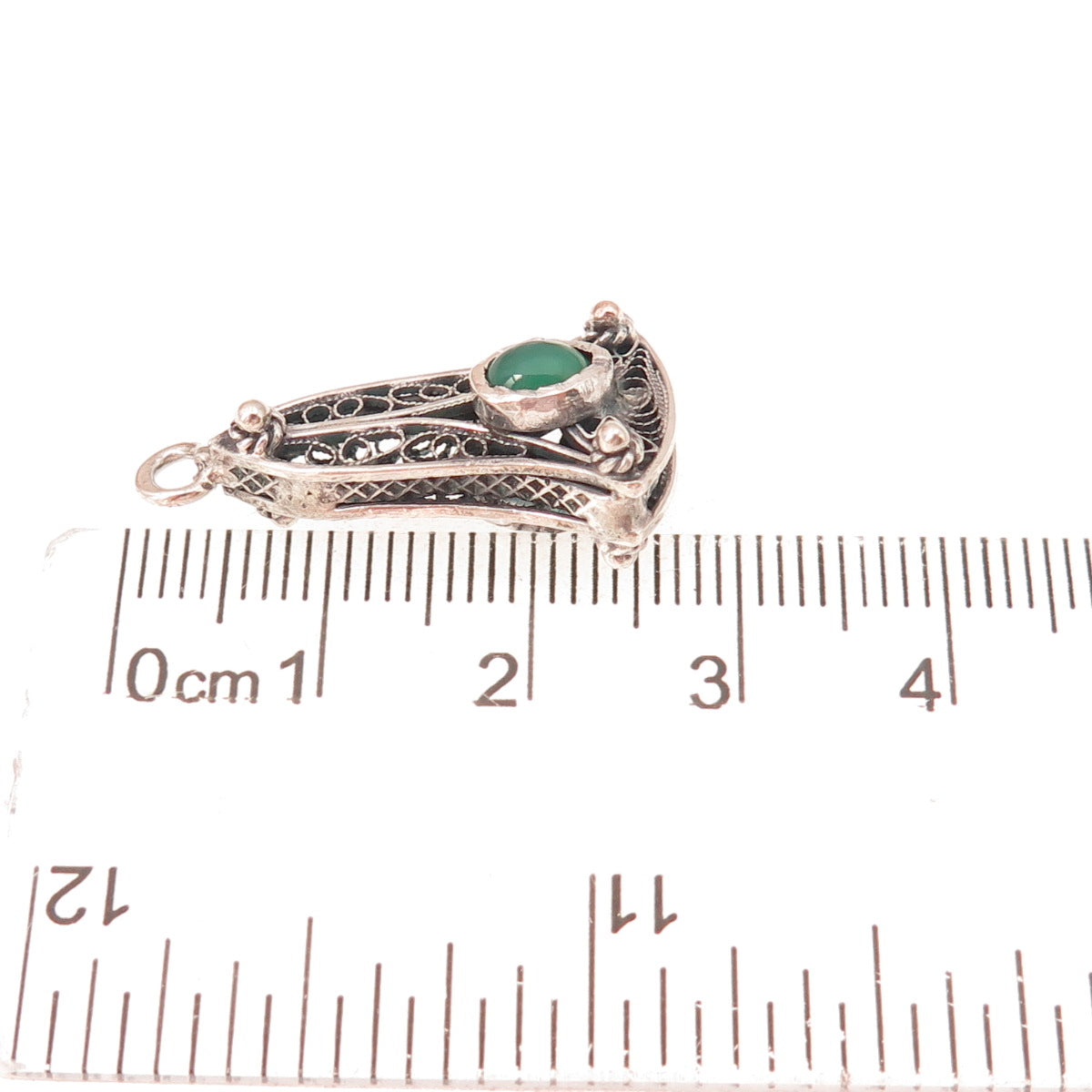 800 Silver Antique Art Deco Real Green Onyx Bell Filigree Oxidized Charm Pendant