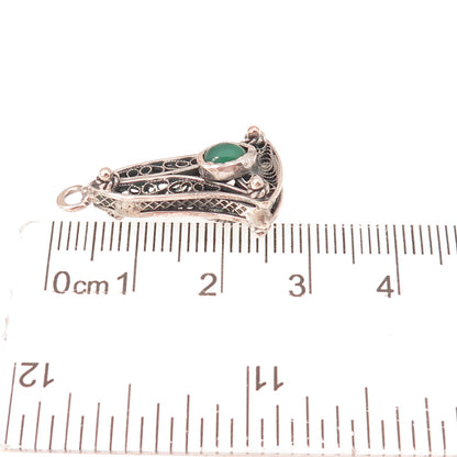 800 Silver Antique Art Deco Real Green Onyx Bell Filigree Oxidized Charm Pendant
