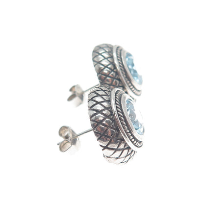 925 Sterling Silver Vintage Blue Topaz Gem Modernist Woven Pattern Dome Earrings