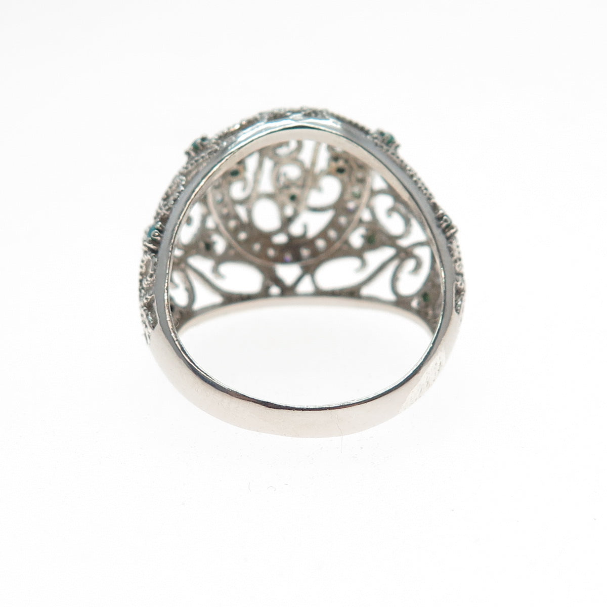 925 Sterling Silver Vintage Real Turquoise Filigree Dome Ring Size 7.75